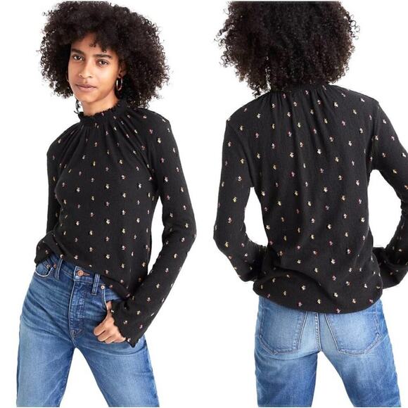 Madewell Jaquard Black Mockneck Rainbow Floral Print Retro Top Size Medium - Picture 1 of 8